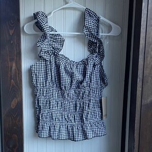 Persaya Black and White Checkered Ruffle Blouse